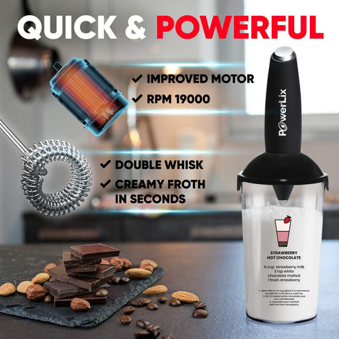 POWERLIX Milk Frother Handheld Battery Operated Electric Foam Maker For Coffee, Latte, Frappe, Matcha, Drink Mixer With Stainless Steel Double Whi...