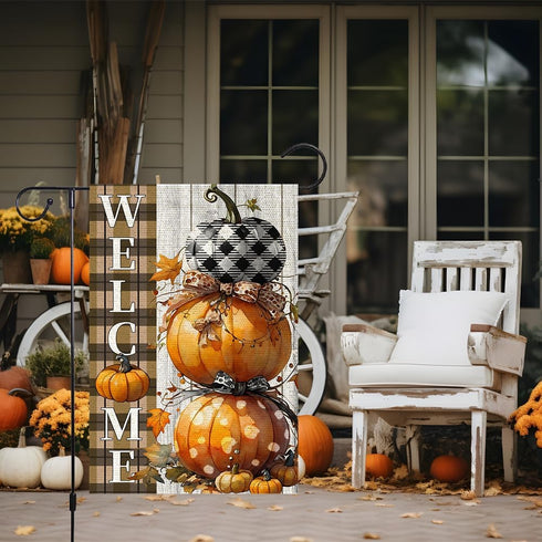 Fall Pumpkins Garden Flag 12x18 Inch Polka Dots Small Double Sided For Outside Thanksgiving Burlap Plaid Bowknot Welcome Yard Autumn Decoration...
