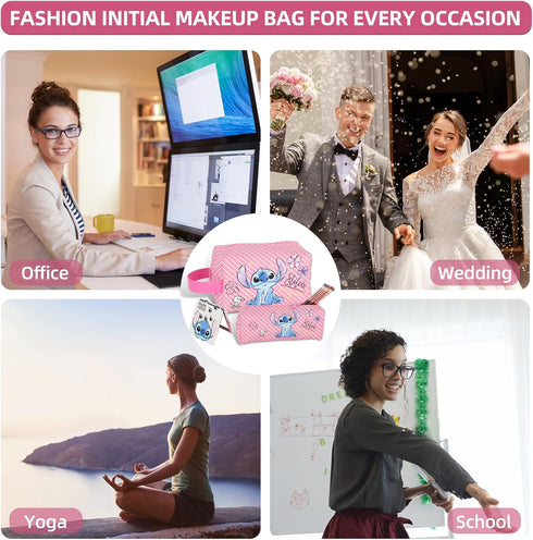 Stitch Stuff Travel Cosmetic Bag + Double Sided Cosmetic Mirror + a makeup brush bag, Large Capacity PU Travel Toilet Bag Makeup Accessories Organ...