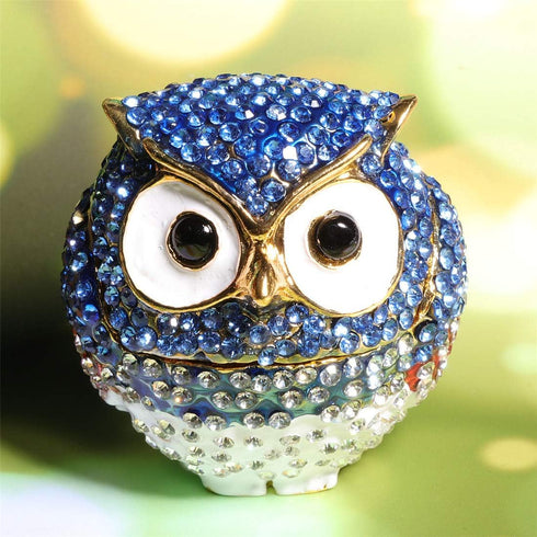 Waltz&F Diamond Light Blue Owl TrinketBox Hinged Hand-painted Figurine Collectible Ring Holder...
