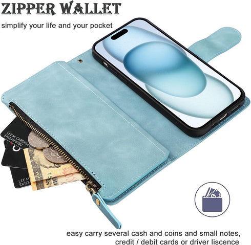 RANYOK Wallet Case for iPhone 15 Plus with Card Holder, Premium PU Leather with RFID Blocking Zipper Flip Folio Wallet Wrist Strap Magnetic Clasp ...