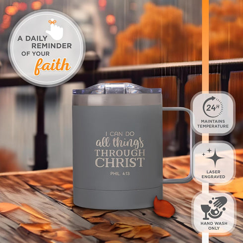 Christian Art Gifts Stainless Steel Double Wall Vacuum Insulated Camp Style Travel Mug 11 oz Gray Coffee Mug with Lid and Handle for Men and Women...