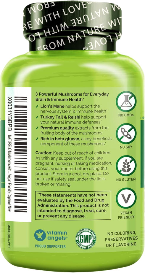 NATURELO Mushroom Supplement – Brain & Immune Health Blend with Lion’s Mane, Reishi, Turkey Tail – 90 Vegan Friendly Capsules...