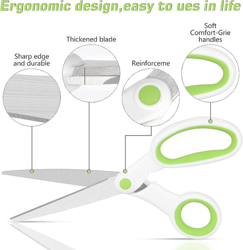 Left Handed Scissors for Adults Student Kids, 8" Heavy Duty Stainless Steel Lefty Scissors for Office, Home, Arts and Crafts, Green and White (2 P...