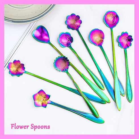 9 PCS Rainbow Flower Spoon Set, LEEFONE 2 Different Size Stainless Steel Reusable Teaspoons Coffee Sugar Stirring Spoon Dessert Cake Spoons Tea Sc...