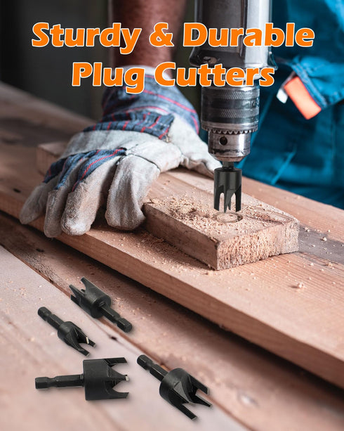 Plug Cutter, 8Pcs Wood Plug Cutters Drill Bit Set with 1/4 Hex Shank, Straight and Tapered Taper Cutting Tool 1/4", 5/16", 3/8", 1/2", Black...