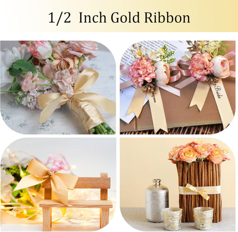 OMAIGAR Gold Ribbon 1/2 Inch Width, Solid Satin Ribbons with 25 Yards Length Silk Fabric for Gift Wrapping or Wedding Party Birthday Decoration - ...