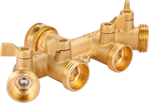 4 Way Heavy Duty Brass Garden Hose Splitter, Hose Connector 3/4", Hose Spigot Adapter with 4 Valves...
