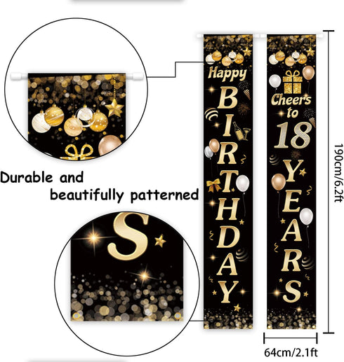 Happy Birthday Cheers to 18 Years Black Gold Yard Sign Door Banner 18th Birthday Decorations Party Supplies...