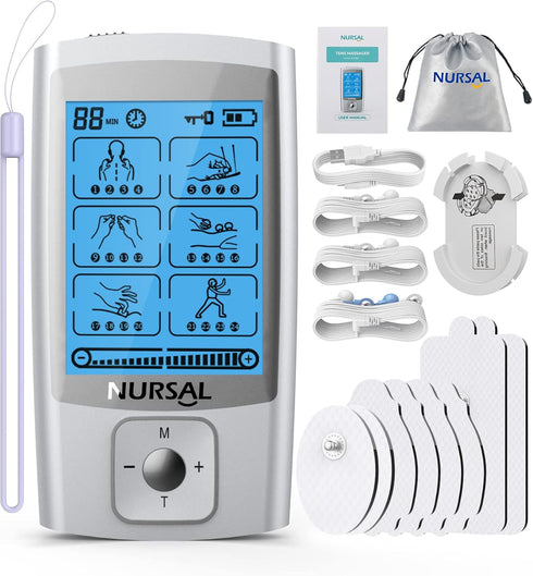 NURSAL 24 Modes TENS Unit Muscle Stimulator with Continuous Stimulation, Rechargeable Electronic Pulse Massager with 8 Pads for Back and Shoulder ...