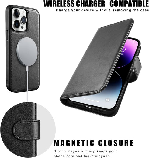for iPhone 14 Pro Max Wallet Case,Detachable Flip Folio Cover RFID Blocking 4 Card Slots Holder Premium PU Leather Magnetic Kickstand Protective P...