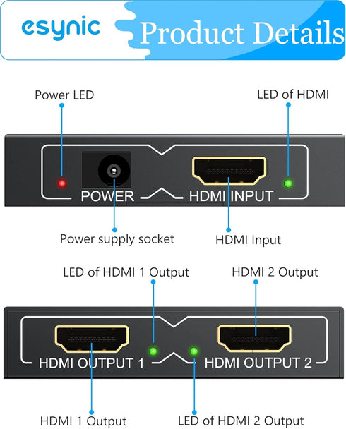 eSynic 4K/30HZ HDMI Splitter 2 Way HDMI Splitter 1 in 2 Out HDMI 1.4 Double Monitors for HDTV PS4 Blu-ray Player Laptop Satellite etc(Not Support ...