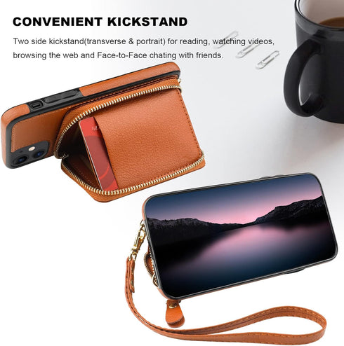 Bocasal RFID Blocking Wallet Case for iPhone 11, Adjustable Crossbody Zipper Purse Case Card Holder with Kickstand Detachable Wrist Strap, PU Leat...