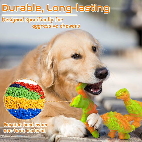 Dog Toys, 3 Pack Indestructible Tough Dog Chew Toys for Aggressive Chewers, Nylon Dog Bones Toys with Bacon Flavor Dinosaur Teething Chew Toys for...