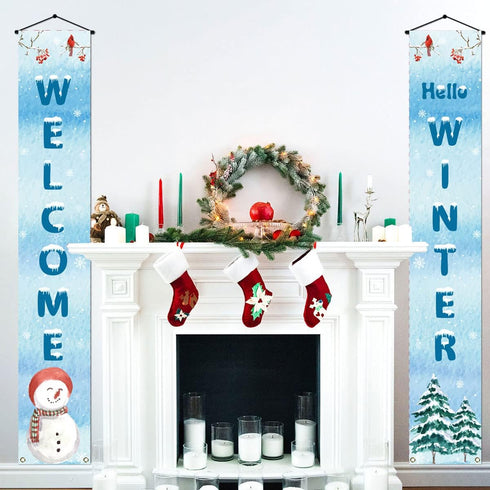 Welcome Hello Winter Porch Banner Snowman Cardinal Christmas Xmas Holiday Front Door Sign Wall Hanging Party Decoration...