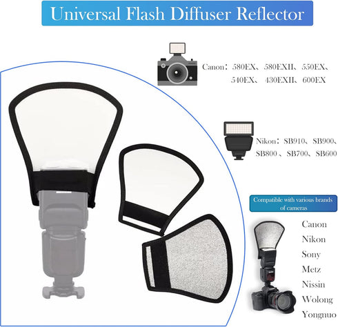 2 Pack Universal Camera Flash Diffuser Reflector Cap with Elastic Bend Bounce Difffuser, Silver/White Flash Speedlight Compatible with Canon,Nikon...