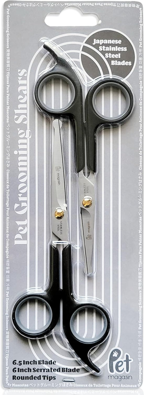 Pet Magasin Japanese Stainless Steel Grooming Scissors (2) for Facial hair and Larger for Body Trimming with Round Tip - Black...