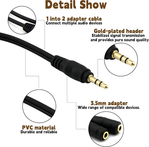 ONXE 2-Pack Gold Plated 3.5mm Stereo Jack Splitter Cable Adapter Connectors ,3.5mm Male To 2 X Female - for Connecting External Speakers or Use Bo...