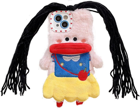 for iPhone 14 Phone Case Cute,Kawaii 3D Cartoon DIY Hair Braids Girl Plush Case Furry Winter Warm Shockproof Protective Case Funny for iPhone 14 W...