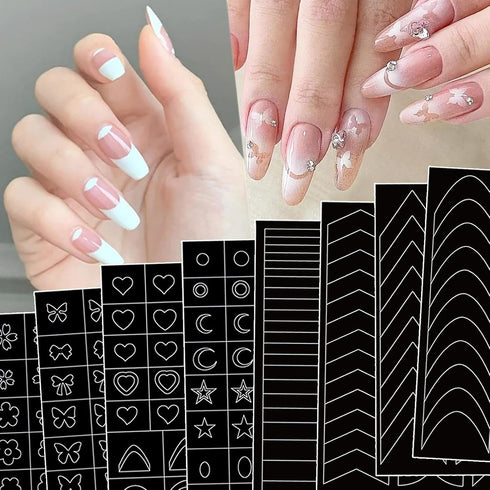 8 Pcs French Tip Manicure Edge Auxiliary Line Nail Art Stickers Heart Butterfly Flowers Nail Design Airbrush Nail Stencils Stickers for Nail Art S...