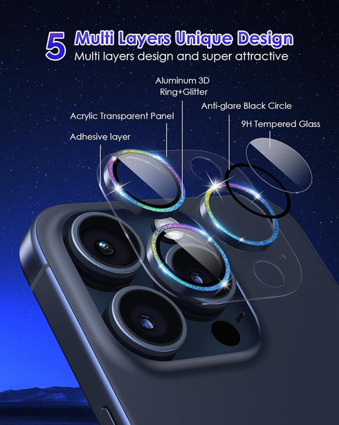 Compatible for iPhone 15 Pro/iPhone 15 Pro Max Camera Lens Protector Tempered Glass Screen Clear, Anti-Explosion Metal Ring Camera Cover for iPhon...