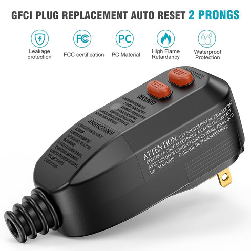 GFCI Plug Replacement,LOLARAN Replacement Plug 2 Prong 15Amp 2-Wires Ground Fault Circuit Interrupter Safety Plug,Waterproof,GFCI Plug for Air Con...