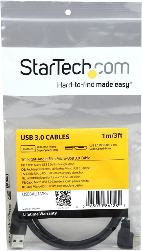 StarTech.com 1m 3 ft Slim Micro USB 3.0 Cable M/M - Right-Angle Micro-USB - USB 3.0 A to Micro B - Angled Micro USB - USB 3.1 Gen 1 5Gbps (USB3AU1...