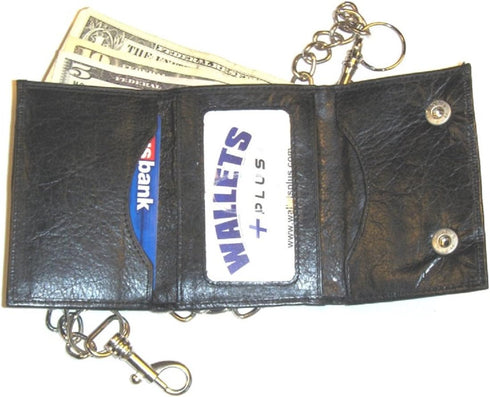 4 1/4 inch Leather Trifold Biker Wallet with Chain - Black...