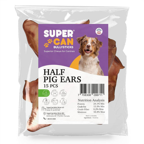 SUPER CAN BULLYSTICKS Half Pig Ears for Dogs (15 Count) All Natural Dog Treats Pig Ears - Healthy Dog Treats - Pig Ears for Dogs Large - Natural D...
