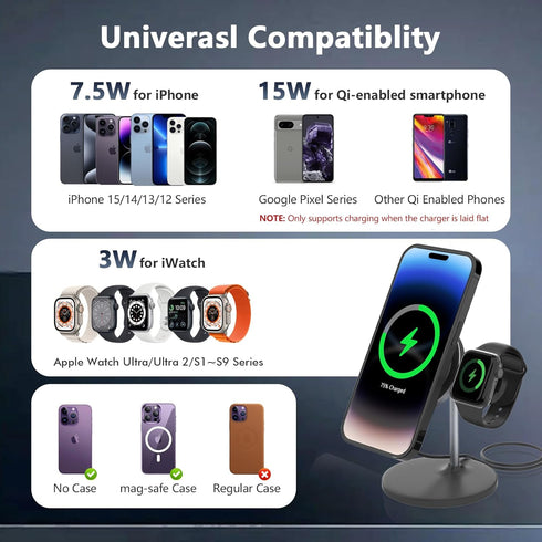 Magnetic Wireless Charger for iPhone-2 in 1 Foldable MagSafe Wireless Charging Station for iPhone/Apple Watch, Detachable 15W Fast Travel Charging...
