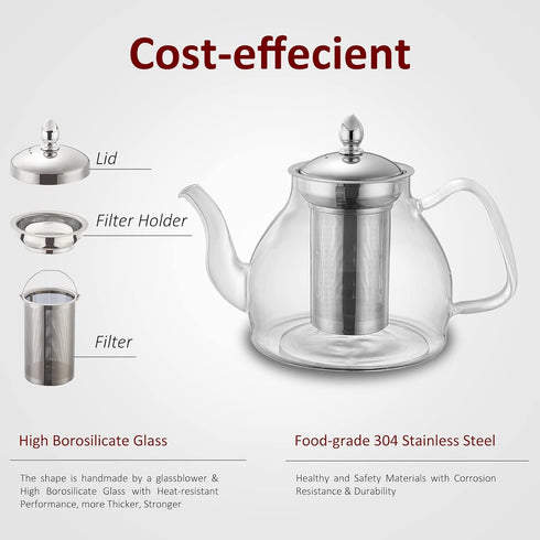 Glass Teapot, 40oz/1200mL Glass Kettle with Removable Stainless Steel Infuser for Blooming Tea & Loose Leaf Tea, Gooseneck Tea Pot, Gift Box for T...