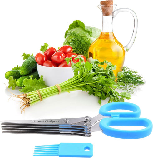 Herb Scissors - with Kitchen Gadgets Retail Package - Multipurpose Kitchen Shears - 5 Extremely Sharp Stainless Steel Blades - Handy Cleaning Comb...