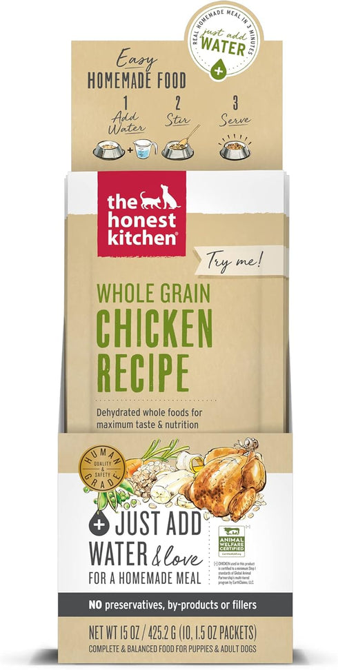 The Honest Kitchen Human Grade Dehydrated Whole Grain Dog Food – Complete Meal or Dog Food Topper – Chicken 10-Pack of 1.5 oz Sachets...