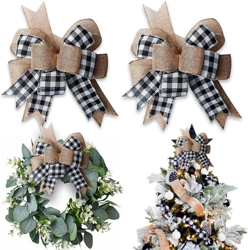 Buffalo Plaid Burlap Bows for Wreath 2 Pack,12”x9.4”Large Rustic Farmhouse Decor Tree Topper Check Bow Decorations for Fall Wedding Holiday Party ...