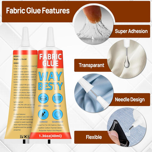 Fabric Glue, Strong Fabric and Leather Adhesive Permanent Clear Washable Clothing Glue for All Fabrics, Cotton, Flannel, Denim, Leather, Polyester...