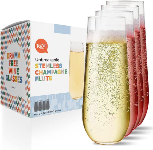 Unbreakable Stemless Champagne Flutes 9oz Set of 4, Shatterproof Tritan Plastic Glasses, Reusable Dishwasher Safe Flute, Wedding, Bachelorette, Tr...