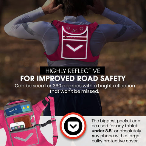 Pink Running Mini Backpack Vest for Men & Women - Reflective w/360°Hi-Viz, Holds Accessories, any iPhone, Android, iPad mini - Lightweight Adjusta...
