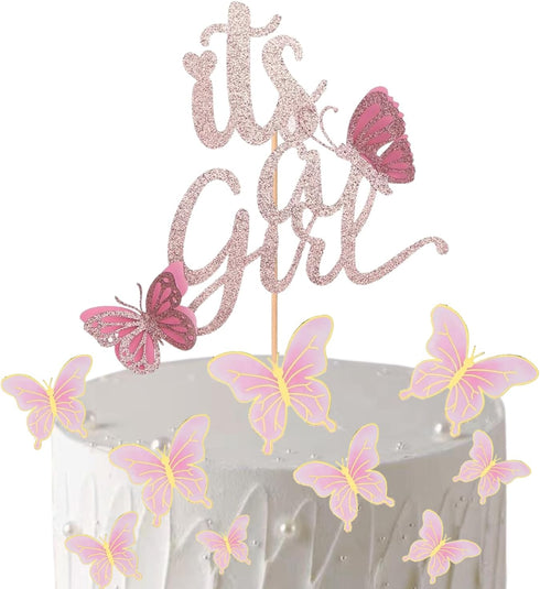 ALISSAR New Double Sided Rose Gold Butterfly Baby Shower Cake Topper Set, It's A Girl Cake Topper and 16 Pieces Pink Butterflies Cupcake Toppers f...