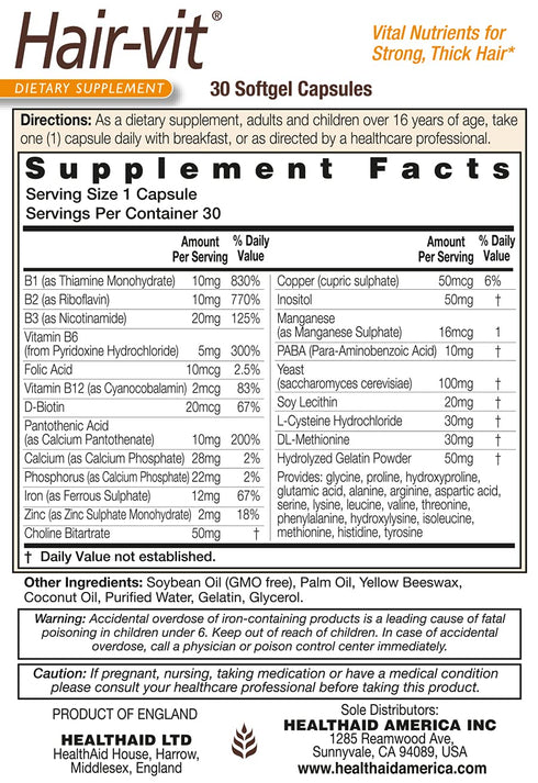Hair-VIT, 30 Capsules, Once Daily, Vital Nutrients for Strong, Thick, & Shiny Hair, Rich in B- Vitamins & Essential Amino Acids...