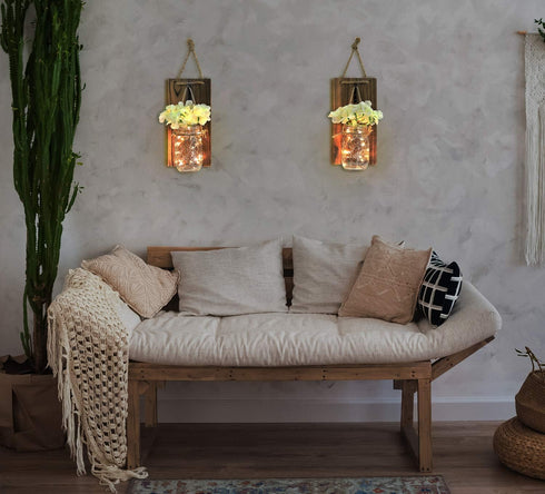 Greenco GRC2859 Wall Hung Mason Jar Sconce with Faux Flower and Led Strip Lights, Rustic...
