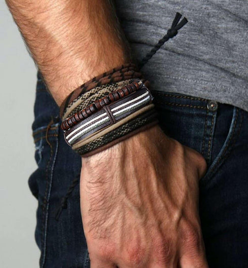 LOLIAS 24 PCS Leather Bracelet for Men Cool Wrist Cuff Bracelets, Adjustable Beaded, Handmade Vintage Style, Chunky Fashionable Design, Stackable ...