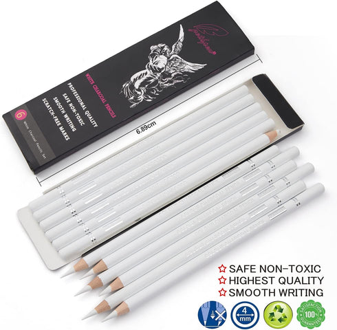 Professional White Charcoal Pencils Set - 6 Pieces Sketch Highlight White Pencils for Drawing, Sketching, Shading, Blending, White Chalk Pencils f...