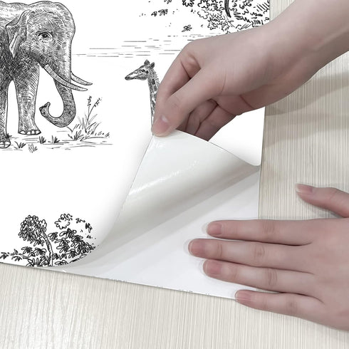 Peel and Stick Wallpaper Giraffe and Elephant Black/White Wallpaper for Kids Room Forest Animals Wallpaper Vintage Contact Paper Nursery Wallpaper...