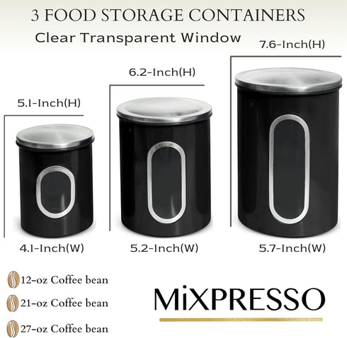 Mixpresso 3-Piece Black Canisters Sets For The Kitchen, Airtight Canister Set With See Through Window, Storage Jars for Coffee Container, Tea Orga...