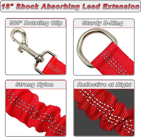 Short Dog Leash Extender, 18 in Bungee Shock Absorbing, Nylon Multifunctional Dog Leash for Medium Large Dogs Walking Training Running (red)...