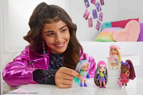 Barbie Extra Mini Minis Doll with Burgundy Hair, Red Ruffle Dress, Sunglasses & Accessories & Stand, 3.25-inch...