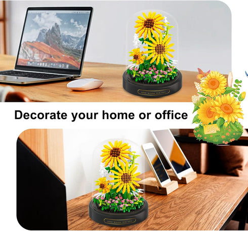 Flower Bouquets Building Toys - 545 PCS Sunflower Micro Building Blocks Kit with Dust Cover, Preserved Flower Home Decor Christmas New Year Birthd...