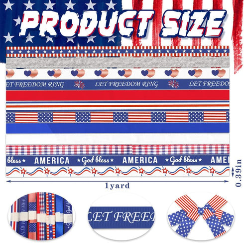 12 Rolls Patriotic 4th of July Ribbons, 3/8" Patriotic Star Stripe Grosgrain Ribbons Red White Blue Solid Ribbons for America Flag Labor Day Buffa...
