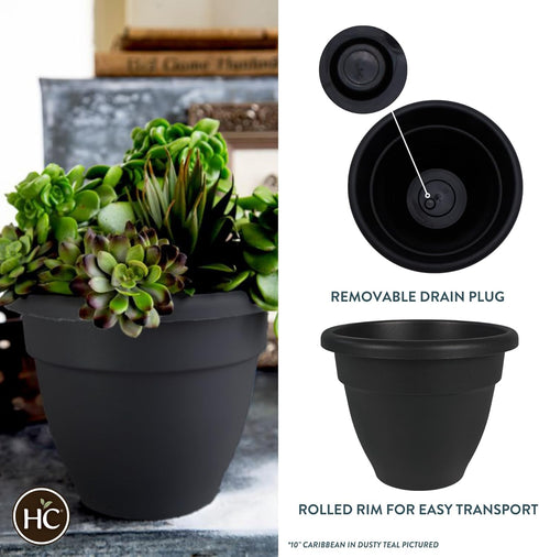 The HC Companies 12 Inch Caribbean Planter - Lightweight Indoor Outdoor Plastic Plant Pot for Herbs and Flowers, Black...