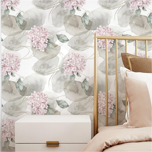 HAOKHOME 93164 Abstract Nordic Peel and Stick Wallpaper Geometric Hydrangea Floral White/Grey/Pink Stick on Home Decor 17.7in x 118in...